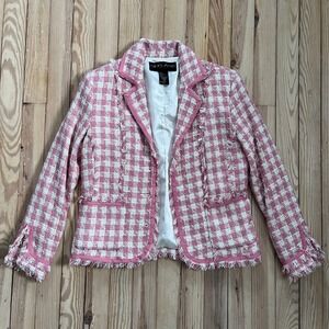 Silkland Petite VTG Pink White Silk Tweed Fringe Blazer Sport Jacket 4P Gingham